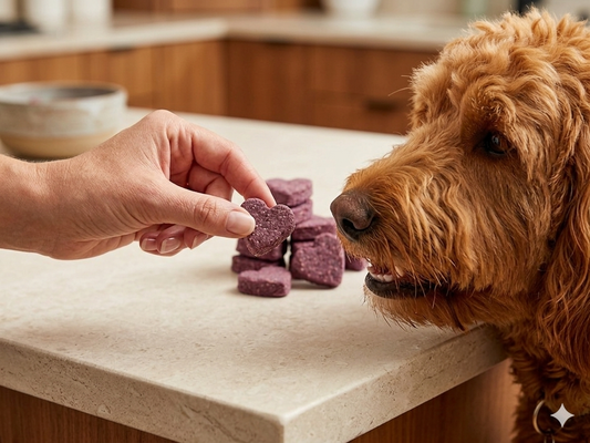 Dog looking at a hand holding a purple dog treat on a kitchen counter.