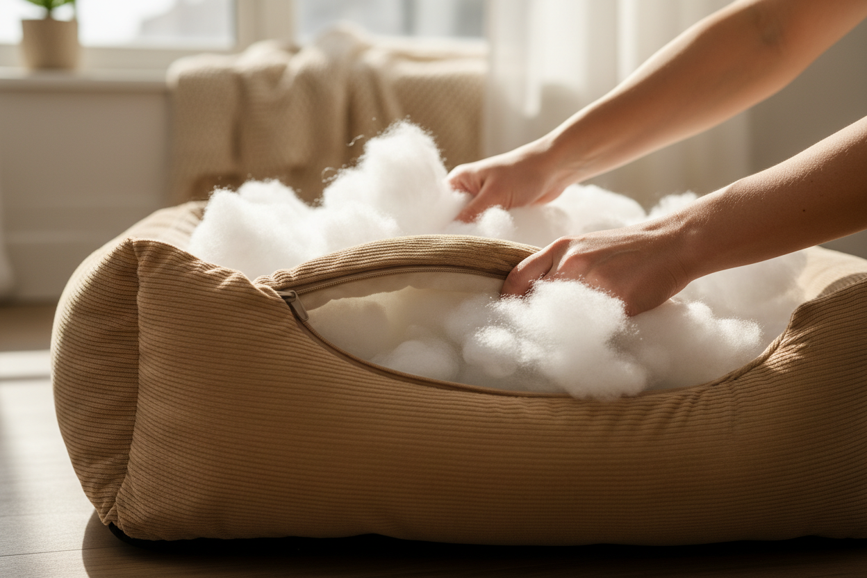 hands stuffing a dog bed