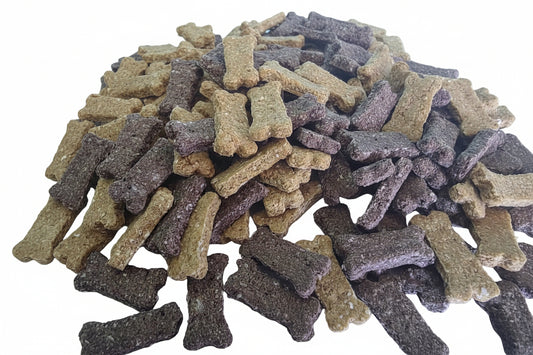 Assorted dog treats shaped like bones on a white background