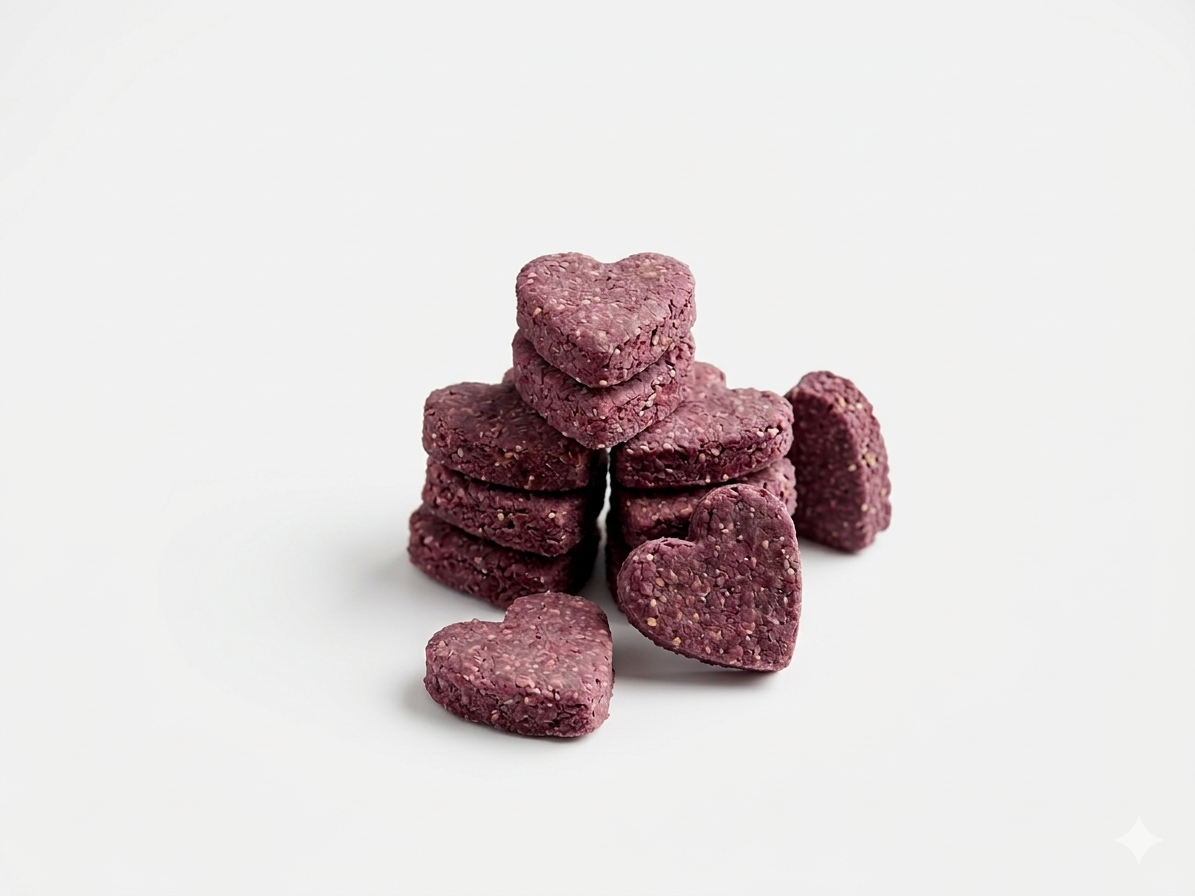 Heart-shaped crunchy dog treats with a white background