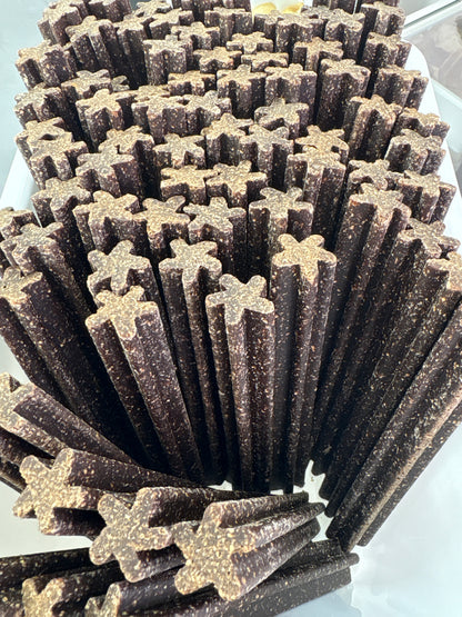 Peanut butter and carob dental chews from Beyondwhiskers - grain-free bulk dental treats in multiple sizes
