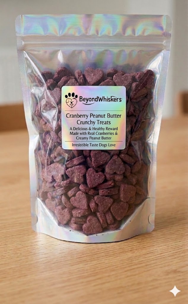 Package of Cranberry Peanut Butter Crunchy Treats for dogs with 'Beyond Whiskers' label on a wooden surface.