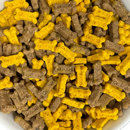 Bacon, egg & cheese crunchy dog treats from Beyondwhiskers - bone-shaped natural treats with real bacon and cheddar cheese
