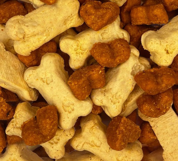 Grilled Cheese and Tomato Soup crunchy dog treats from Beyondwhiskers - bone-shaped cheese and heart-shaped tomato natural treats
