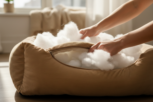 hands stuffing a dog bed