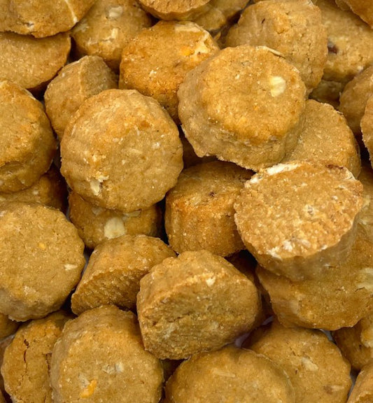 Flower-shaped peanut butter crunchers crunchy dog treats from Beyondwhiskers - natural USA-made pet treats with honey and Greek yogurt
