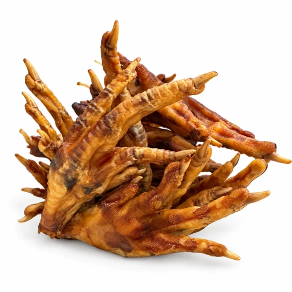 Applewood smoked chicken feet dog chews on white