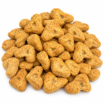 Golden triangular banana cinnamon crunchy dog treats with small openings on white