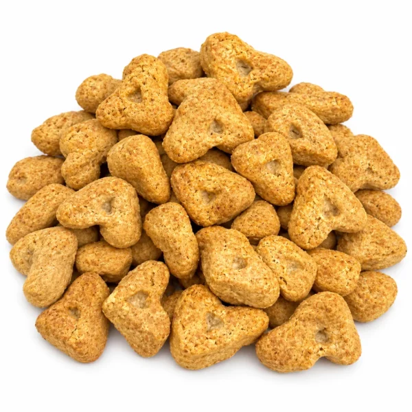 Golden triangular banana cinnamon crunchy dog treats with small openings on white