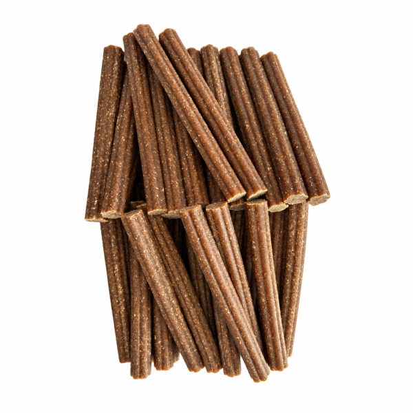 Brown ridged beef dental dog chews with natural pale speckles on white