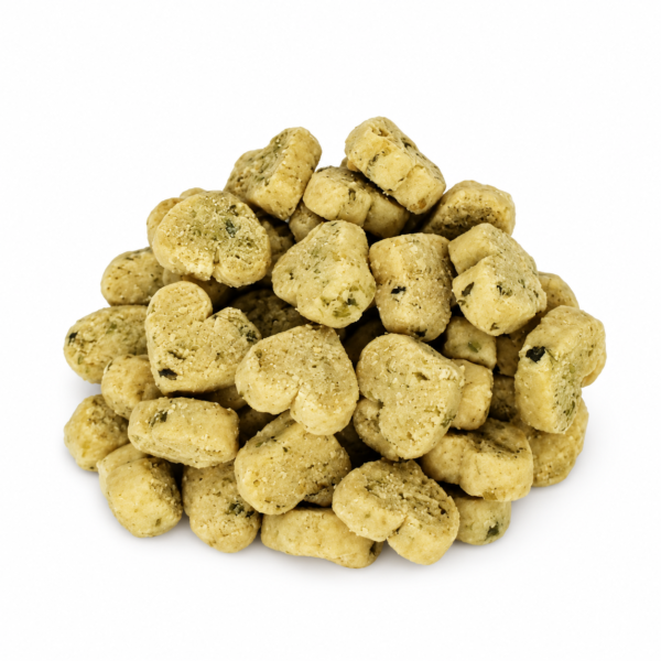 Pale golden heart-shaped dog treats with speckles on white background