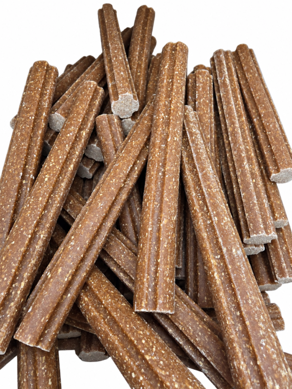Matte cheese and bacon dental chew sticks with pale flecks