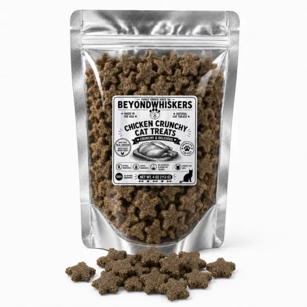 Chicken Crunchy Cat Treats star-shaped cat treats in BeyondWhiskers bag