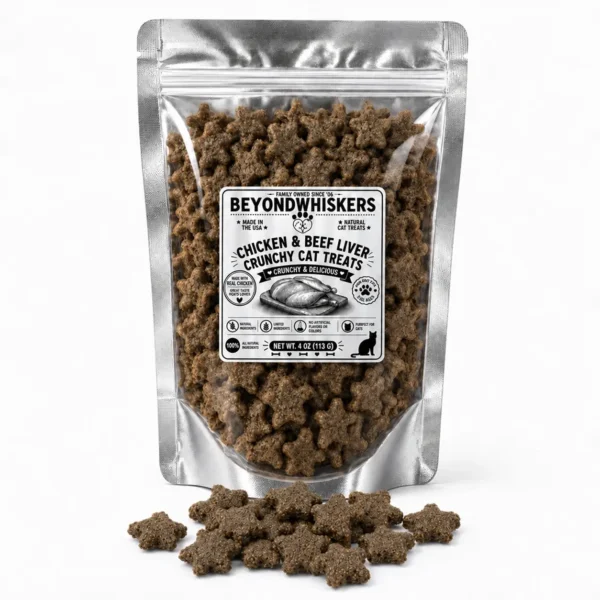 BeyondWhiskers Chicken and Beef Liver crunchy cat treat stars in a silver clear-front bag with treats alongside