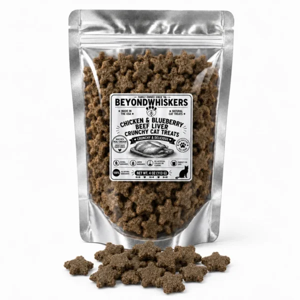 BeyondWhiskers Chicken and Blueberry Beef Liver crunchy cat treat stars in a silver clear-front bag with treats alongside