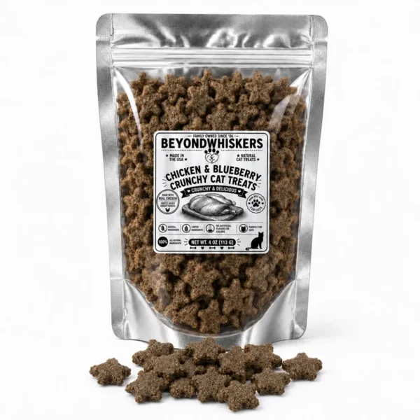 BeyondWhiskers Chicken and Blueberry crunchy cat treat stars in a silver clear-front bag with treats alongside