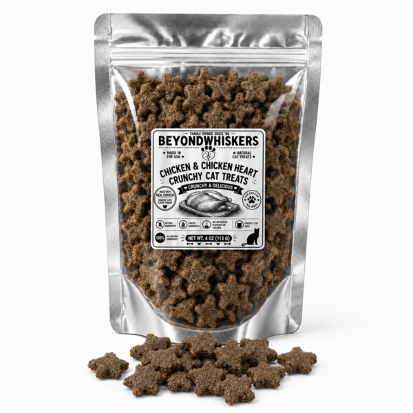 BeyondWhiskers Chicken and Chicken Heart crunchy cat treat stars in a silver clear-front bag with treats alongside