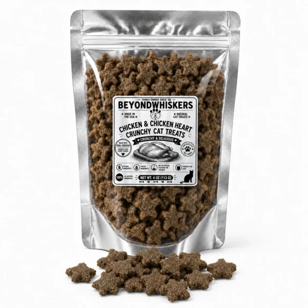 BeyondWhiskers Chicken and Chicken Heart crunchy cat treat stars in a silver clear-front bag with treats alongside