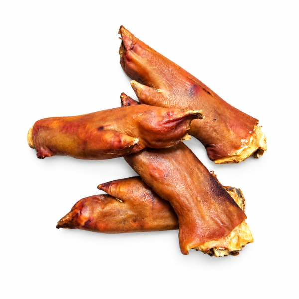 Four dehydrated pig feet dog chews on a white background