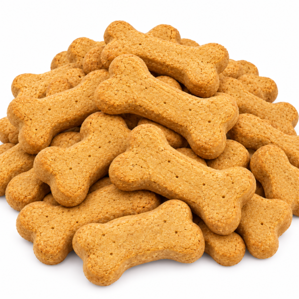 Large breed crunchy peanut butter bone dog biscuits on a white background