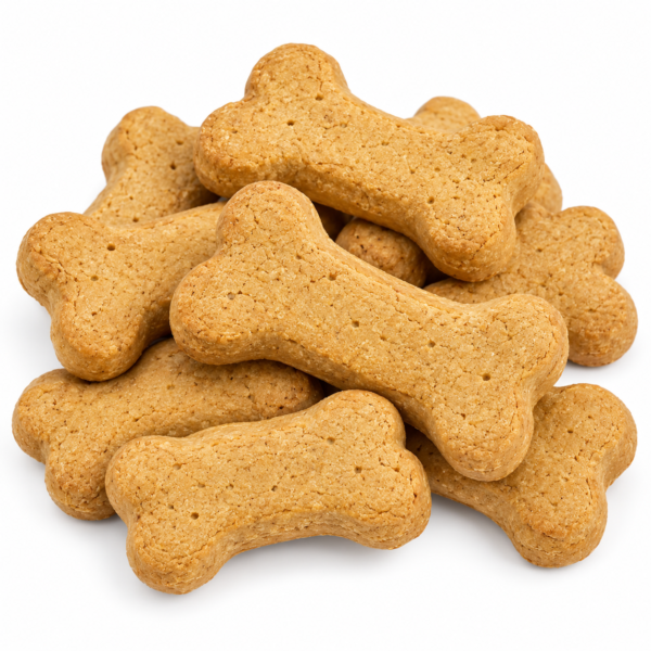Large breed crunchy peanut butter bone dog biscuits on a white background