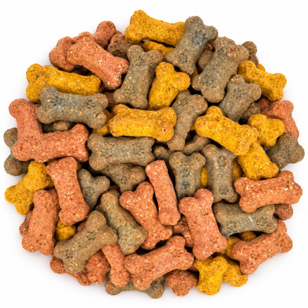 Three colors of bone-shaped Ultimate Meat Lovers crunchy dog treats on white