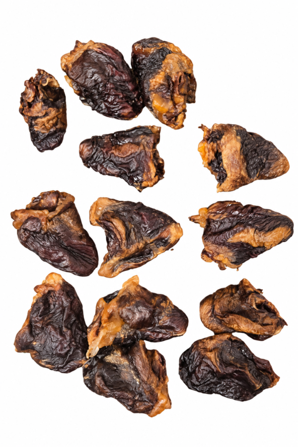 Dehydrated whole turkey hearts on a white background